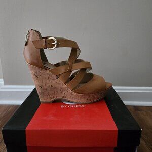 GUESS Platform Cork Wedge Sandals 9.5 Tan NWT